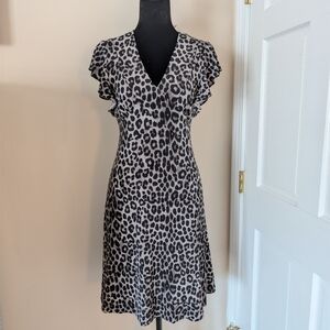 Michael Kors Black and Gray Leopard Print Mini Dress XS flutter Sleeve NWT